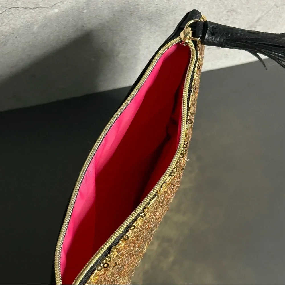 ipsy Sparkling Gold Sequin Cosmetic Bag with Black Tassel
